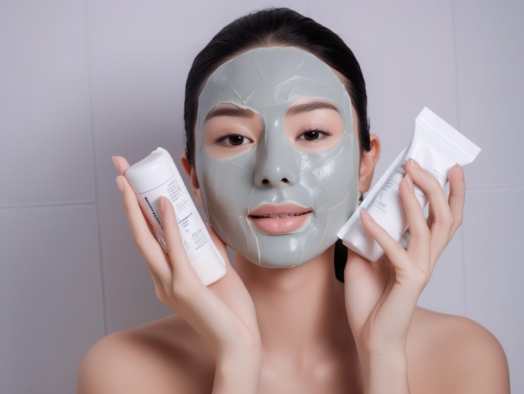 Femme portant un masque pour le visage , démontrant deux produits pour la peau