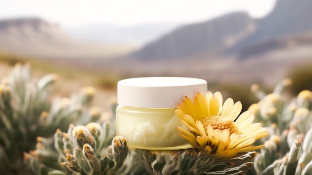 Pot de crème sur des marguerite , devant un paysage