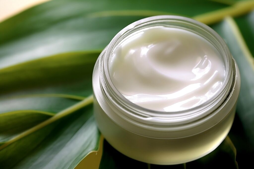 Pot de crème ouvert, sur une feuille verte